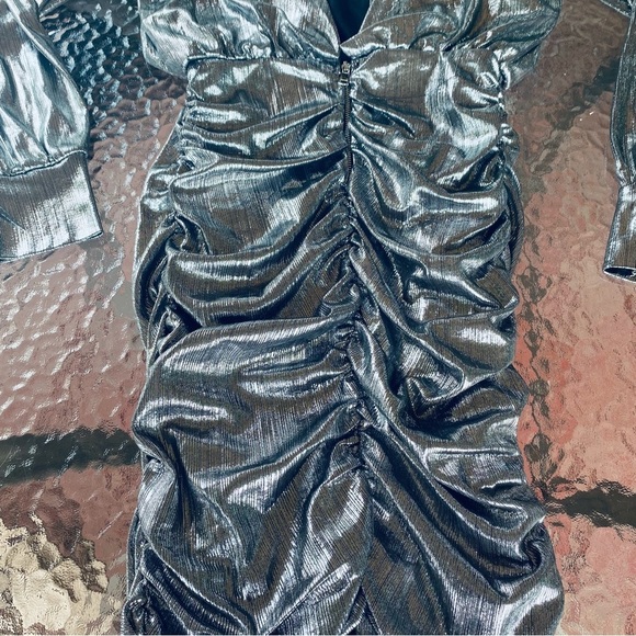 Nasty Gal Silver Metallic Stretchy Tight Ruched Taylor Swift New Years Mcbling - Picture 8 of 12
